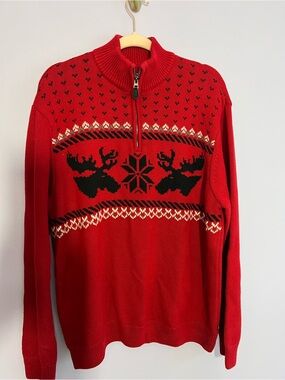 Chaps Red Moose Quarter Zip 100% cotton holiday Sweater